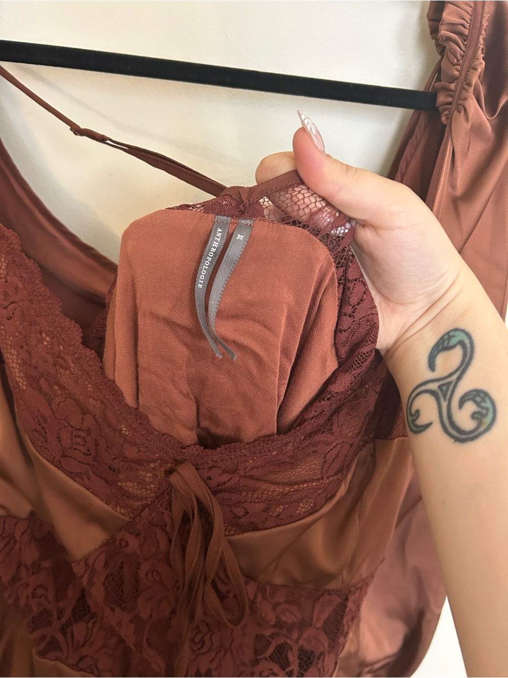 Anthropologie- Satin Lace Trim Dress - Brown - Picture 5 of 5